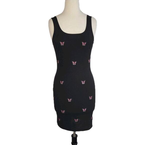 Butterfly Print Sheath Mini Dress M Black Pink Sleeveless Tank 90s Y2K Mean Girl - Picture 2 of 13